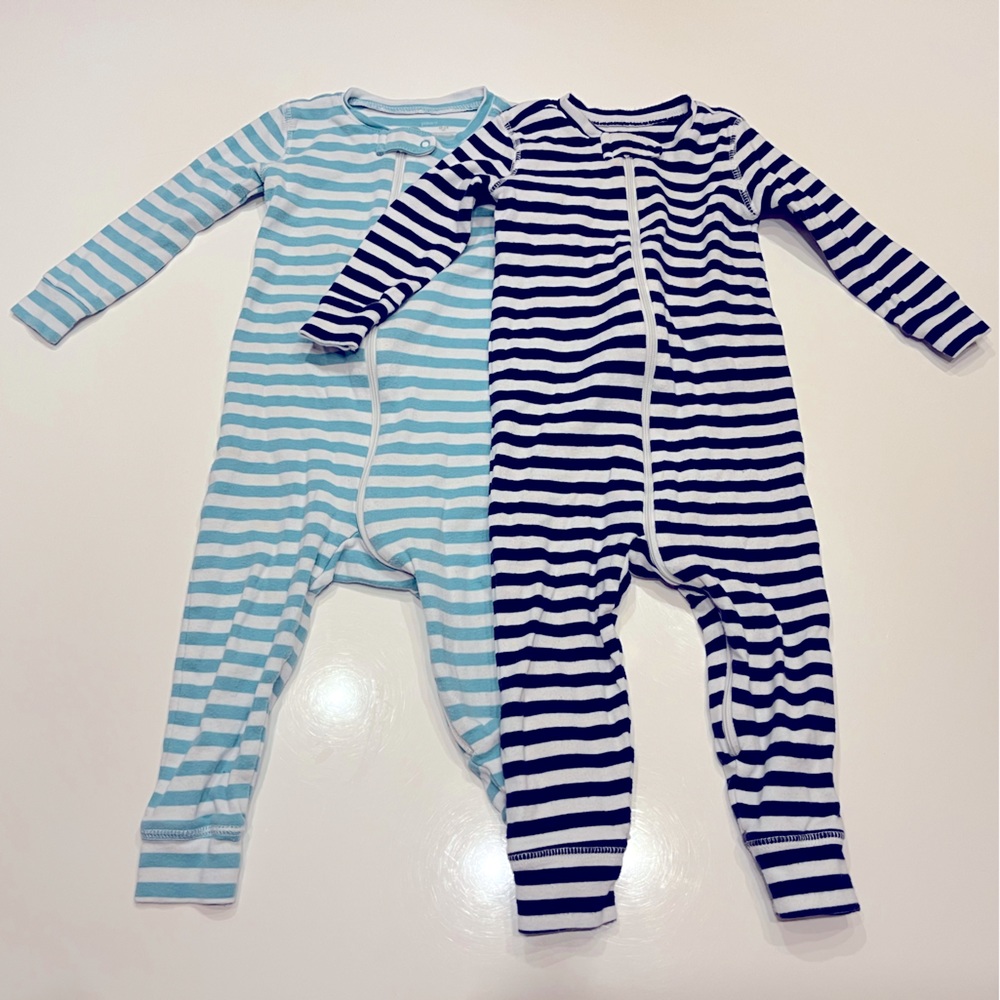 Primary striped pajamas 18-24 month - navy/white & pool/white zip cotton rompers
